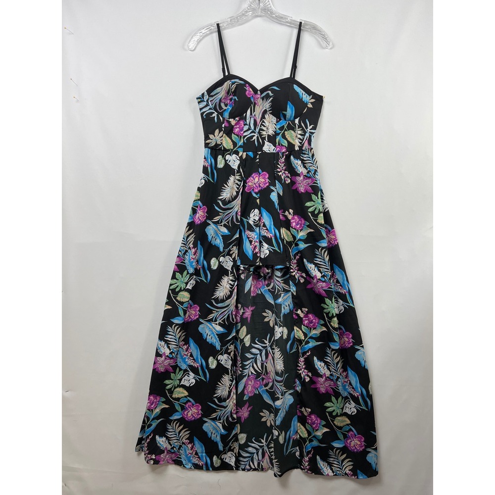 Band of Gypsies Romper Maxi Dress Womens Small Black Floral High Low Tropical
